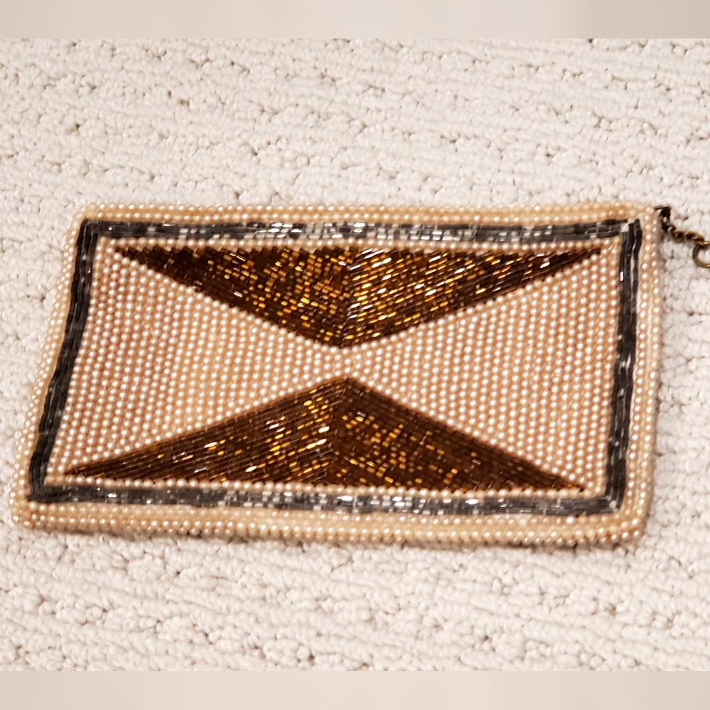 Vintage Elegant Beaded Evening Mini Zip Bag, Pearl/Bronze/Silver, 7", EUC